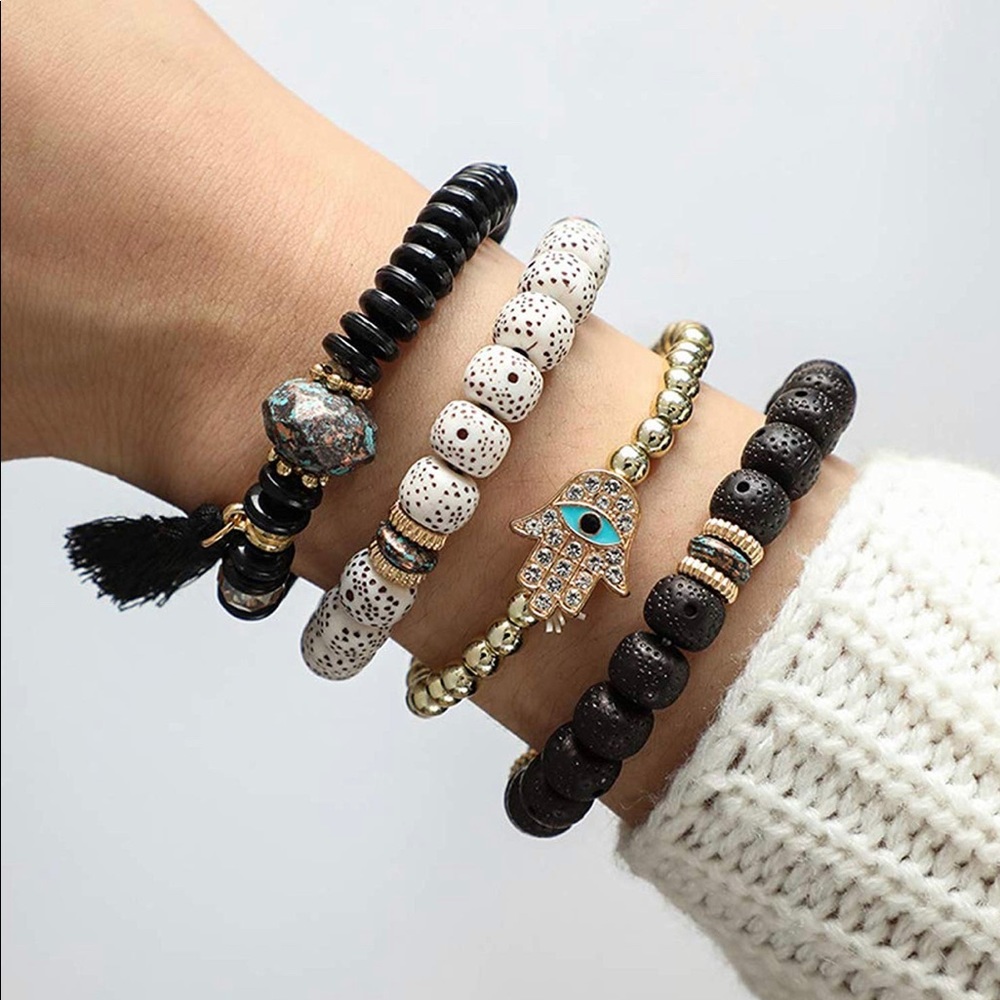 Black Beaded Evil Eye Stackable Stretch Bracelets - Picture 3 of 8